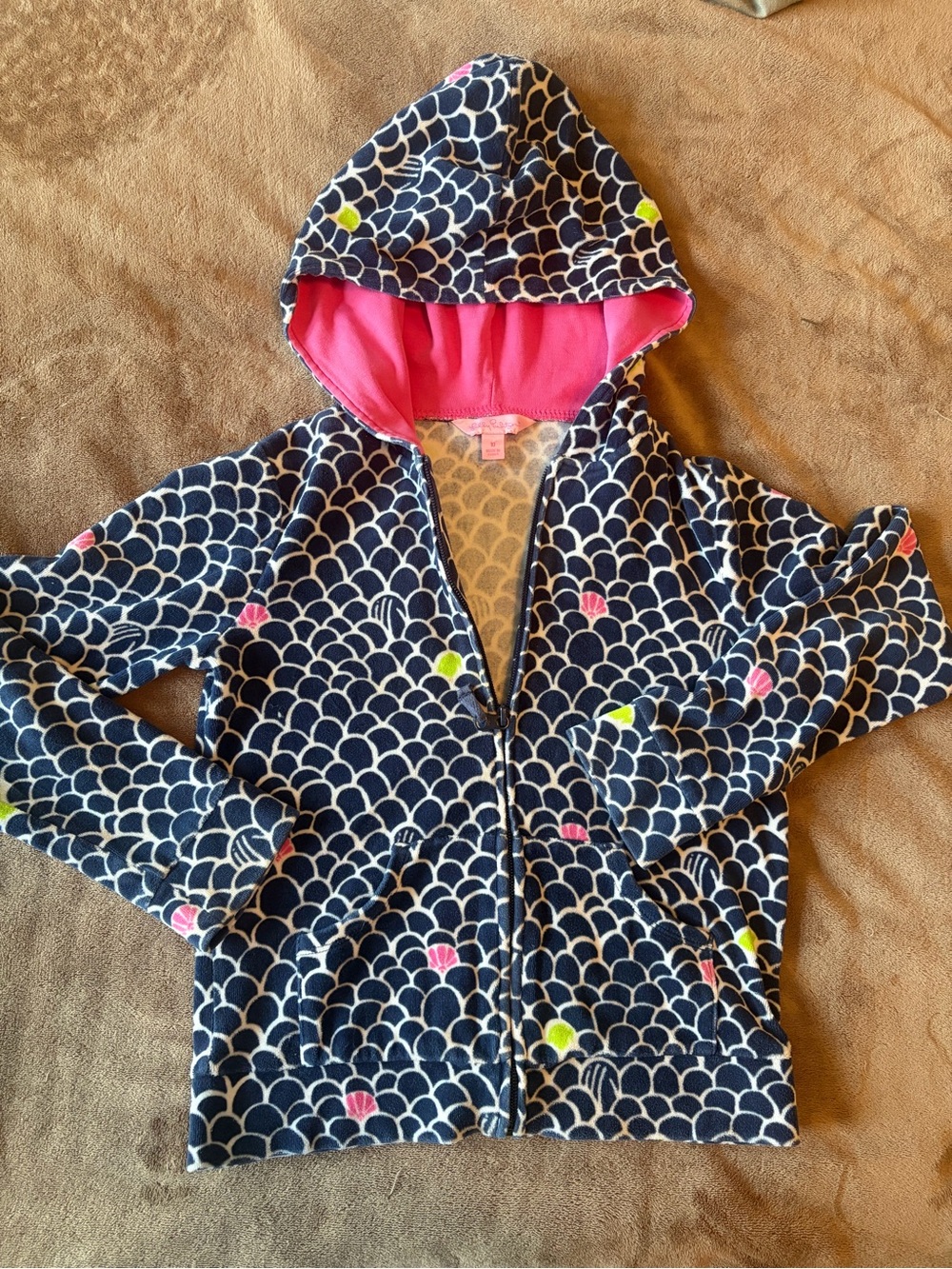 Lilly Pulitzer Navy Scallop Print Hoodie with Pink Lining and Neon Accents